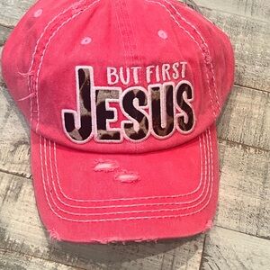 Pink Distressed Cap with 'But First Jesus' Embroidery